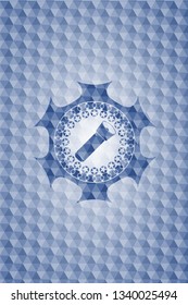 flashlight icon inside blue emblem or badge with abstract geometric pattern background.