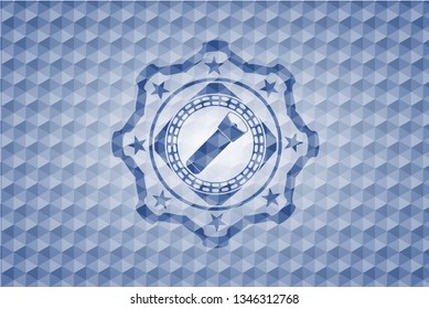 flashlight icon inside blue emblem or badge with abstract geometric polygonal pattern background.