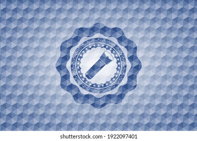 flashlight icon inside blue emblem or badge with abstract geometric polygonal pattern background. 