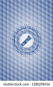 flashlight icon inside blue hexagon emblem.