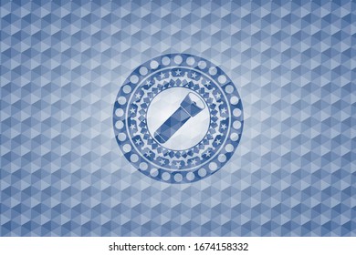 flashlight icon inside blue polygonal emblem.