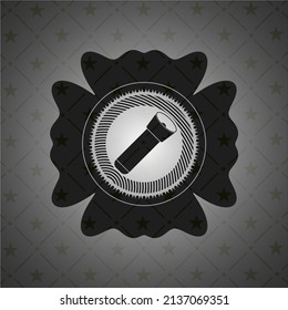 flashlight icon inside dark badge or emblem. 