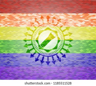 flashlight icon inside emblem on mosaic background with the colors of the LGBT flag