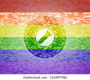 flashlight icon inside emblem on mosaic background with the colors of the LGBT flag