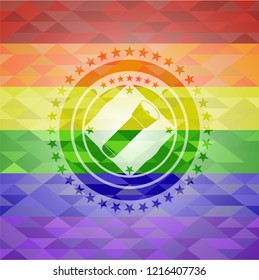 flashlight icon inside emblem on mosaic background with the colors of the LGBT flag