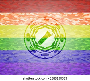 flashlight icon inside emblem on mosaic background with the colors of the LGBT flag