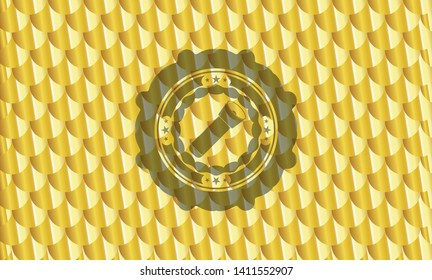flashlight icon inside gold emblem or badge. Scales pattern. Vector Illustration. Detailed.