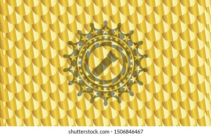 flashlight icon inside gold shiny badge. Scales pattern. Vector Illustration. Detailed.
