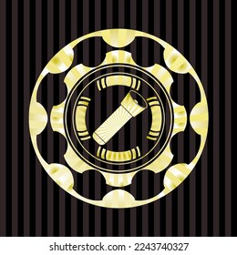 flashlight icon inside golden emblem. 