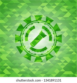 flashlight icon inside green emblem with triangle mosaic background