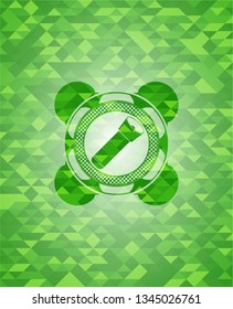 flashlight icon inside green emblem with triangle mosaic background