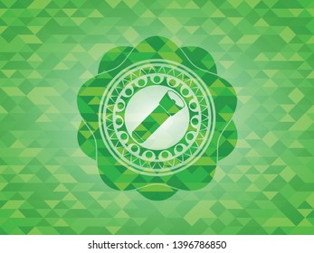 flashlight icon inside green emblem. Mosaic background