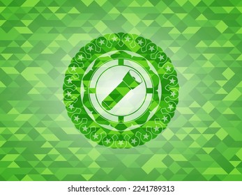 flashlight icon inside green emblem with mosaic background. 