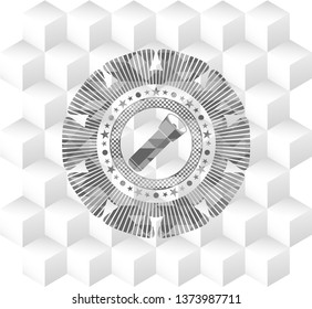 flashlight icon inside grey badge with geometric cube white background