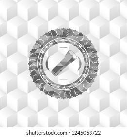 flashlight icon inside grey emblem with geometric cube white background