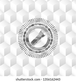 flashlight icon inside grey emblem. Vintage with geometric cube white background