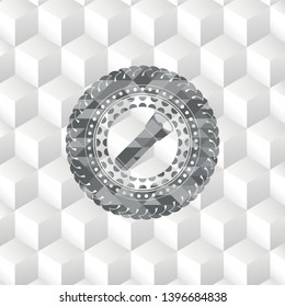 flashlight icon inside grey emblem with cube white background
