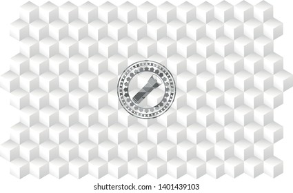 flashlight icon inside grey emblem with geometric cube white background