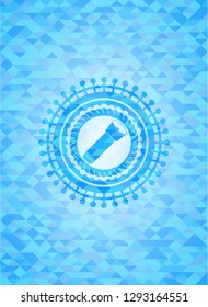 flashlight icon inside light blue emblem with mosaic background