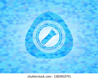 flashlight icon inside light blue emblem with triangle mosaic background