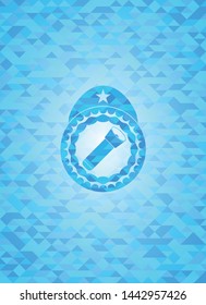 flashlight icon inside light blue emblem with triangle mosaic background