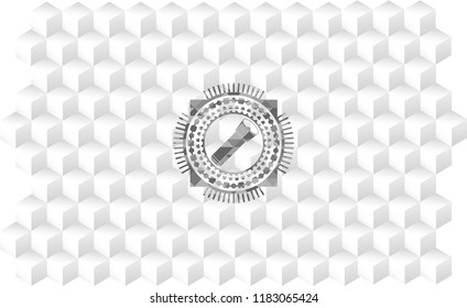 flashlight icon inside realistic grey emblem with geometric cube white background
