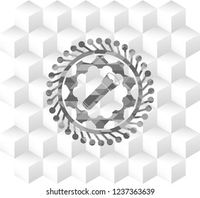 flashlight icon inside realistic grey emblem with geometric cube white background