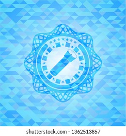 flashlight icon inside realistic sky blue emblem. Mosaic background