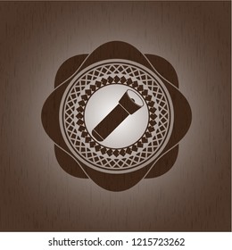 flashlight icon inside realistic wooden emblem