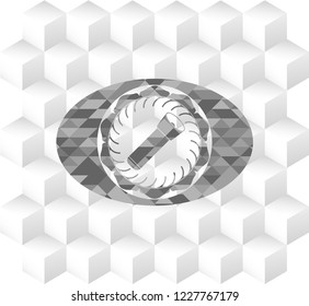 flashlight icon inside retro style grey emblem with geometric cube white background