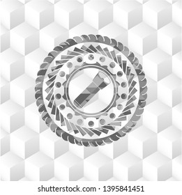 flashlight icon inside retro style grey emblem with geometric cube white background