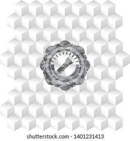 flashlight icon inside retro style grey emblem with geometric cube white background