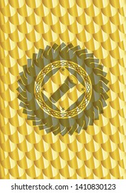 flashlight icon inside shiny golden badge. Scales pattern. Vector Illustration. Detailed.