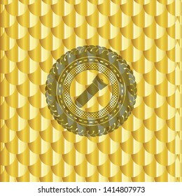 flashlight icon inside shiny golden badge. Scales pattern. Vector Illustration. Detailed.