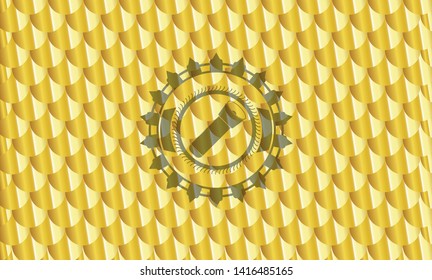 flashlight icon inside shiny golden badge. Scales pattern. Vector Illustration. Detailed.