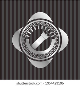 flashlight icon inside silvery emblem or badge
