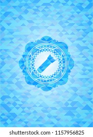 flashlight icon inside sky blue emblem. Mosaic background