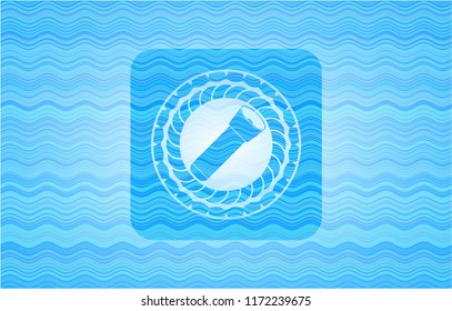flashlight icon inside sky blue water emblem.