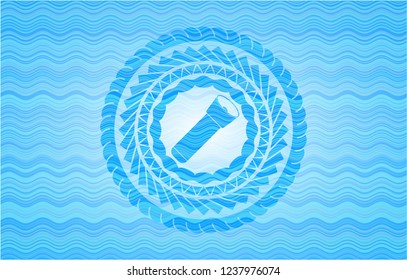 flashlight icon inside sky blue water wave emblem background.