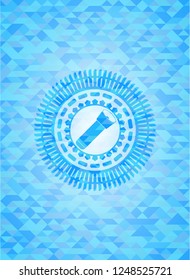 flashlight icon inside sky blue emblem. Mosaic background