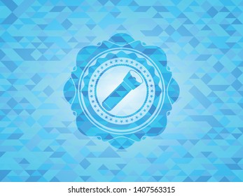 flashlight icon inside sky blue emblem. Mosaic background