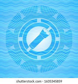 flashlight icon inside sky blue water wave badge.