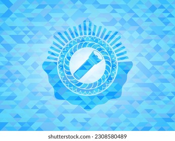 flashlight icon inside sky blue emblem with triangle mosaic background. 