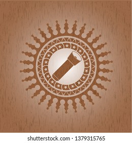flashlight icon inside wooden emblem. Retro