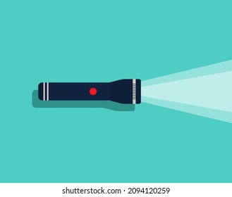 Flashlight icon. Lantern with beam of light. Torch with button, flash for search. Lamp on battery isolated on blue background. Design of electric spotlight for dark night. Portable torchlight. Vector.