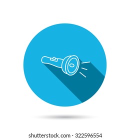 Flashlight icon. Light beam sign. Electric lamp tool symbol. Blue flat circle button with shadow. Vector