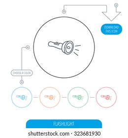 Flashlight icon. Light beam sign. Electric lamp tool symbol. Line circle buttons. Download arrow symbol. Vector