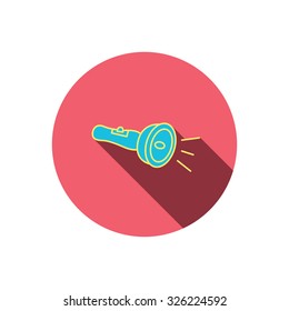 Flashlight icon. Light beam sign. Electric lamp tool symbol. Red flat circle button. Linear icon with shadow. Vector