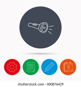 Flashlight icon. Light beam sign. Electric lamp tool symbol. Calendar, cogwheel, document file and pencil icons.