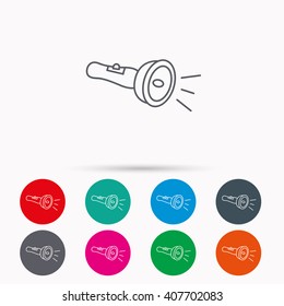 Flashlight icon. Light beam sign. Electric lamp tool symbol. Linear icons in circles on white background.